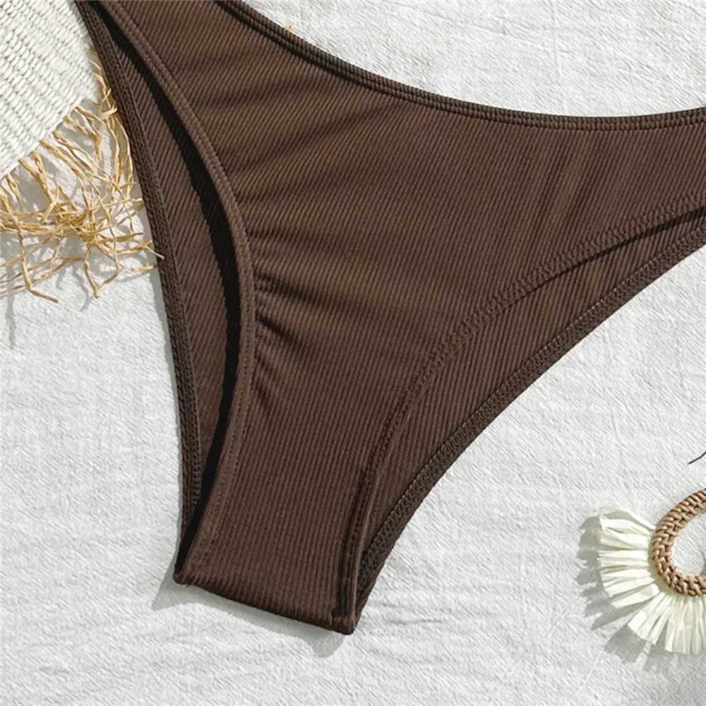 Brown String Halter Triangle Bikini Ribbed Solid Swimwears Sexy Swimsuit Women 2026 Padded Bikinis Sets Bathing Swimming SuitT260318