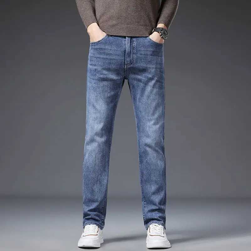 Korean Fashion Mens Soft Stretch Slim Fit Jeans Business Casual Straight Denim Pants Classic Brand Washed Blue Gray Trousers M260319