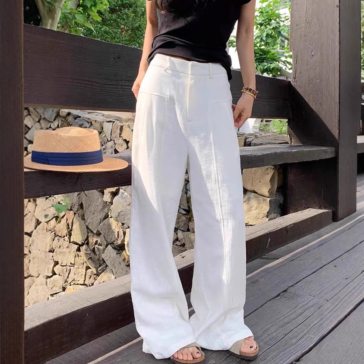 Designer Luxury Old Money Style Linen Ramie Wide-leg Pants For Women Essentials Summer Thin Essential Shorts High-waisted Slimming Loose Lazy Suit Str
