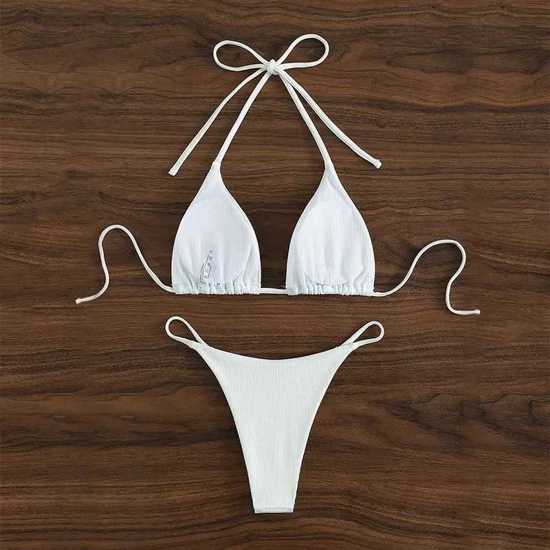 2024 Special Pit Stripe Fabric Bikini Set Women Sexy Simple Solid Halter Bikini Swimsuit High Waisted Lace Up Beach Bathing SuitT260318