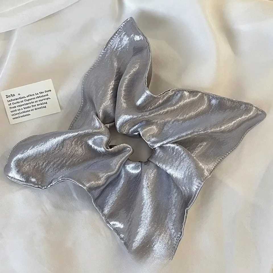 2025 Korean Style Silver Square Scrunchie Shiny Fabric Hair Tie Oversized Low Ponytail Holder Retro Hair Accessories for Women H260319