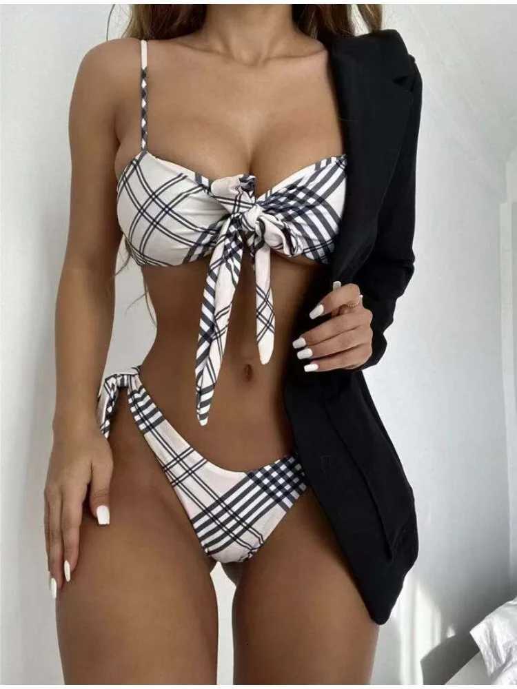 2025 New Vintage Plaid Print 2 Piece Swimsuit for Women Knot Lace-up Push Up Suspender Backless Bikini Set Beach Bathing SuitT260318