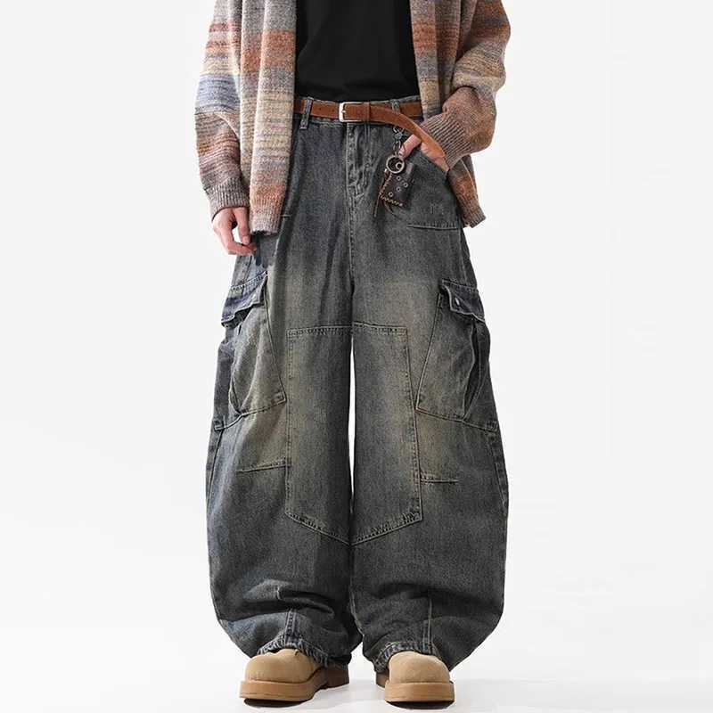 Retro Multi Pocket Curved Knife Jeans Autumn And Winter Vintage Wide Leg Workwear Pants Korean Version High Street MenS Jeans M260319