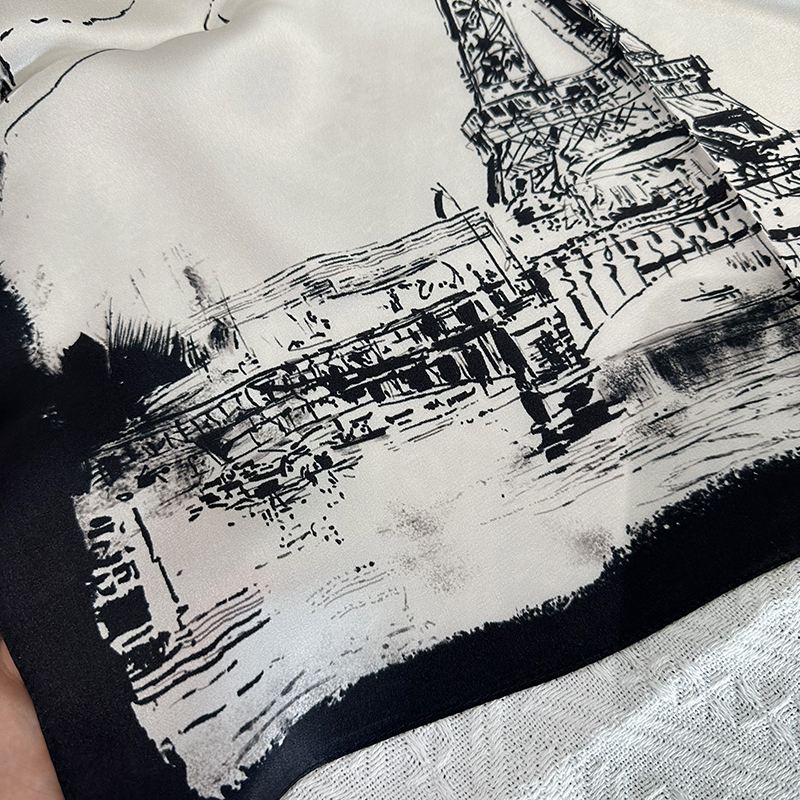 Black Paris Tower Print 100% Silk Scarf for Women - Summer Lightweight Fashion Silk 53cm Small Square Necktie Neck Scarf Neck Guard