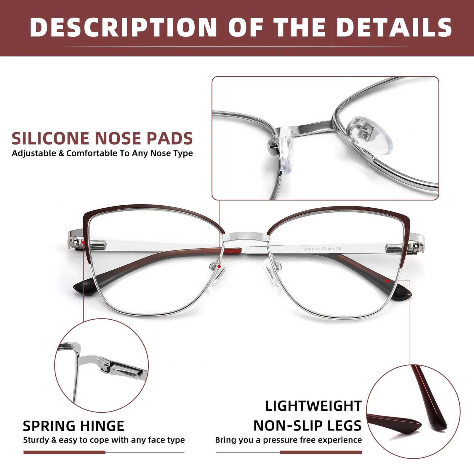 Retro Cat Eye Glasses for Women Anti Blue Light UV400 Reading Glasses Silver Metal Frame 52-17-145 in Purple/Blue/Burgundy H260319 - view 5