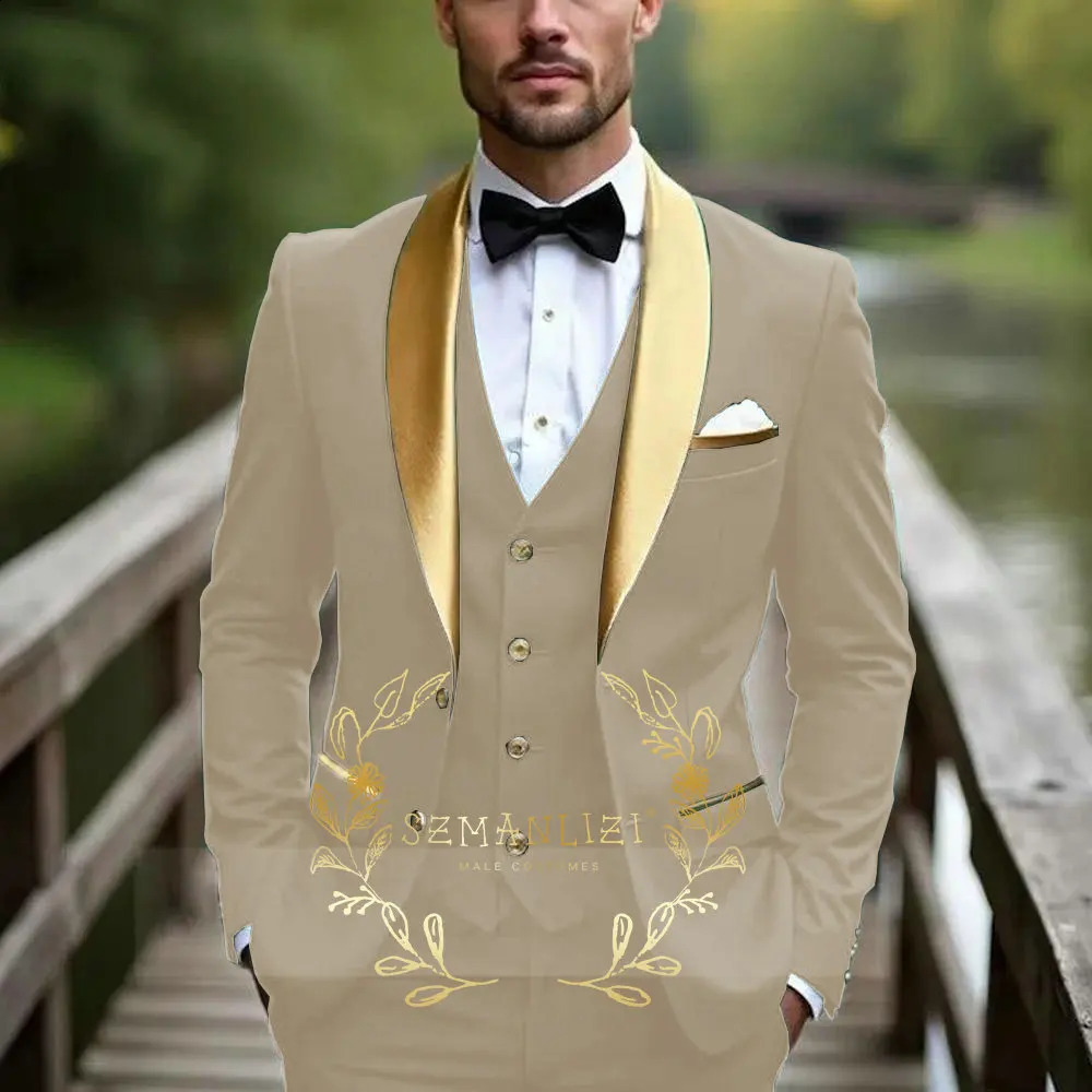 Oil Green Men Suit Business Tuxedo Formal Gold Satin Lapel Groom Groomsman Wedding Party Prom Male 3 Piece Set Blazer Vest Pants 260319