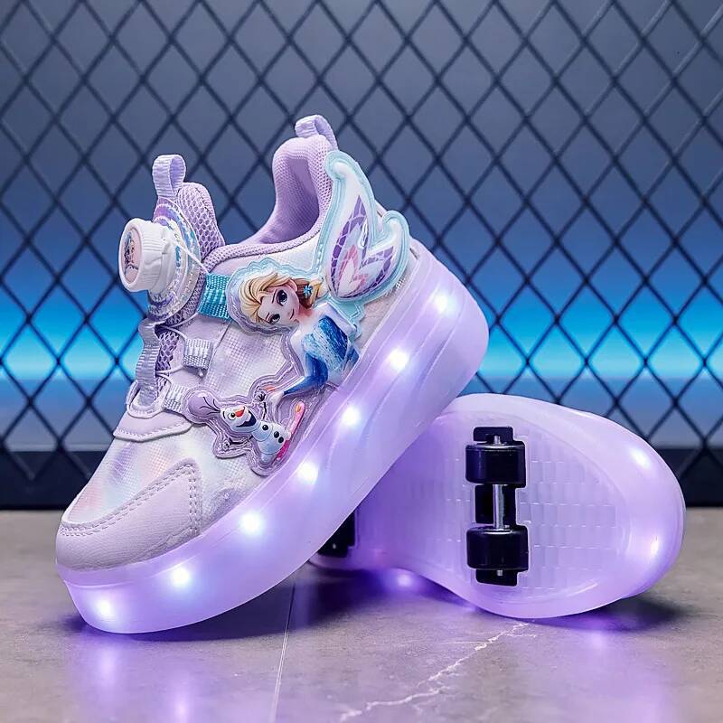 Designer Disney Kids'casual Shoes Roller Skate Shoes Led Light Cartoon Princess PU Leather For Children Blue Pink Shoes Size 28-37 Luxury