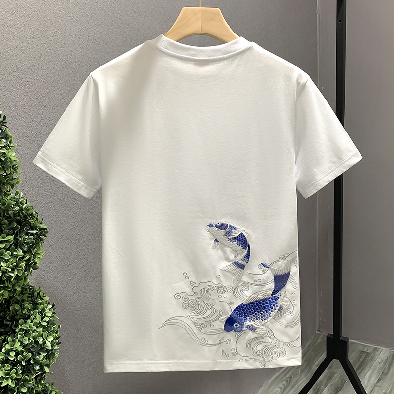 Summer Embroidered Fish Chinese Style Short-sleeved T-shirt Men's Trendy Top Casual Loose Fashion