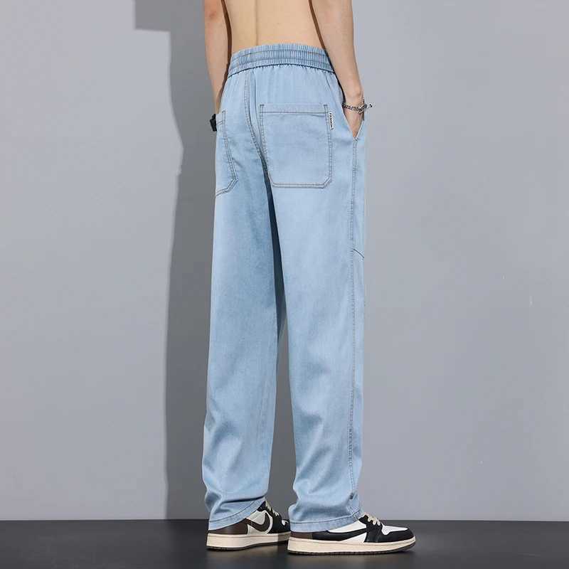Spring Summer Thin Mens Jeans Fashionable Drawstring Straight Loose Trousers Comfortable Soft Male Simple Denim Pants D260320