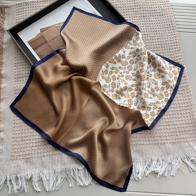 Brown Cashew Flower Silk Scarf for Women, Lightweight 100% Mulberry Silk, 53Cm Small Square Neck Scarf for Summer
