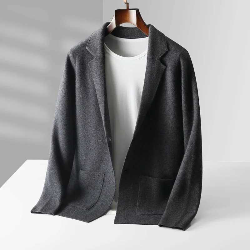 100 Merino Wool Sweater Mens Suit Collar Cardigan Pants Set Smart Casual Knitwear Autumn Winter Solid Coat Top Knit Trousers M260320