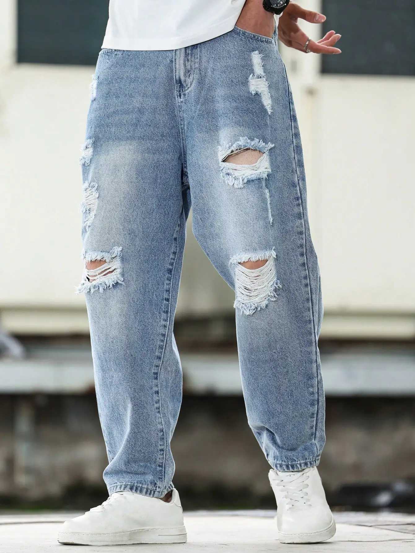 Mens Blue Ripped Denim Harem Pants for Spring and Autumn Street Fashion Casual Trend D260320