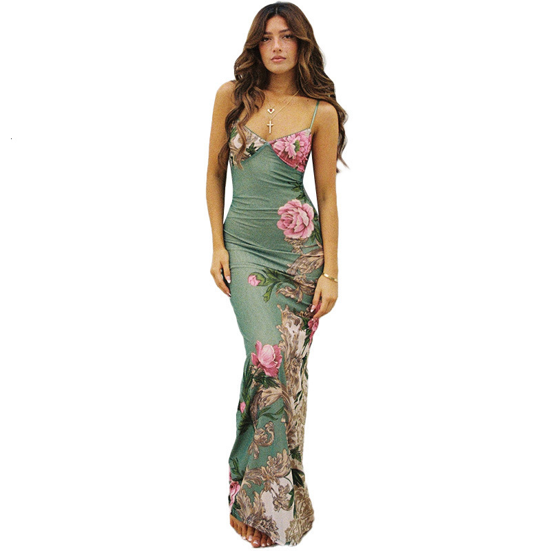 Luxury Brand Designer Clothes European And American New Style Women's V-Neck Sexy Backless Vacation Style Elegant Slim Fit Printed Design Strap D