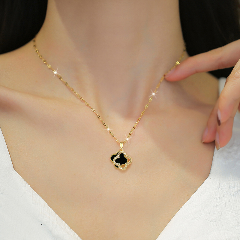 Designer Double-sided Four-leaf Clover Titanium Necklace, Elegant High-end Diamond-set Collar Necklace