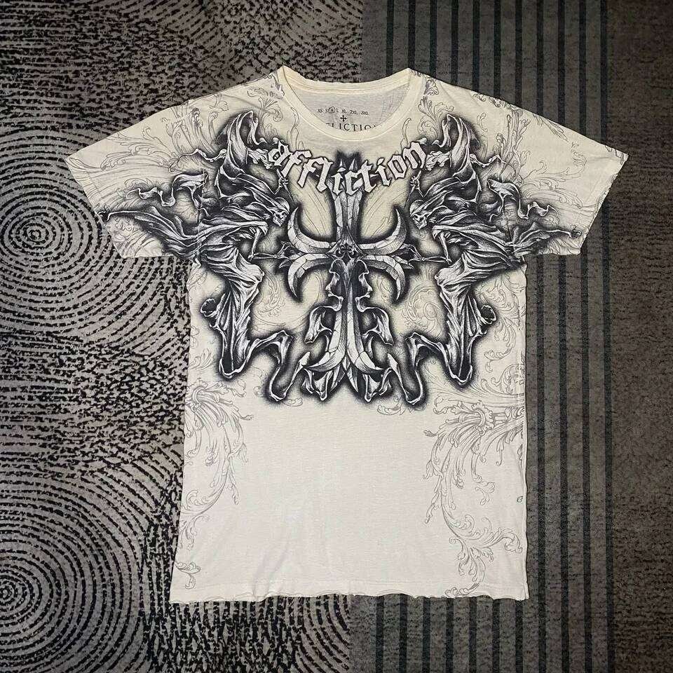 2000S Affliction Retro Shirt Women Red Cotton Round Neck Washed Shirt Hip Hop Couple American Wear Goth T Shirts