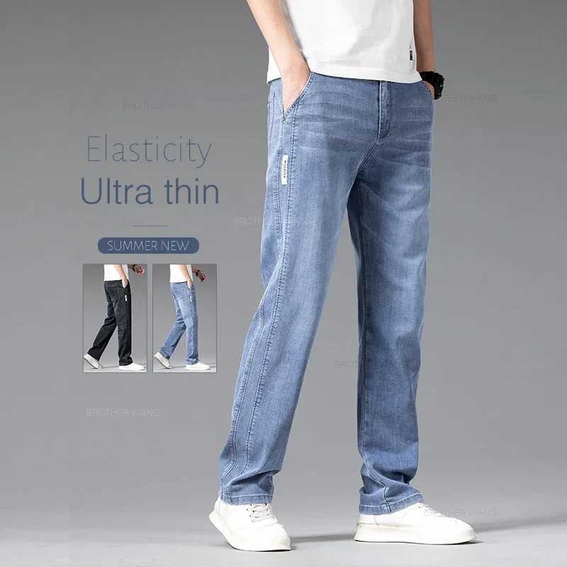 Loose Jeans Mens Summer Thin Elastic Waist Straight Pants Fashion Stretch Cotton Business Casual Denim Trousers Light Blue D260320