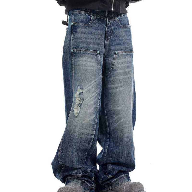 Korean Version Hip-Hop Wide Leg Pants MenS Jeans Wavy Holes Blue Jeans Spliced Straight Leg Casual Pants D260320