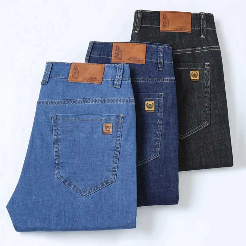 Male Fashion High Waisted Stretch Denim Pants Men Business Casual Straight Jeans High Quality Breathable Light Blue Trousers D260320