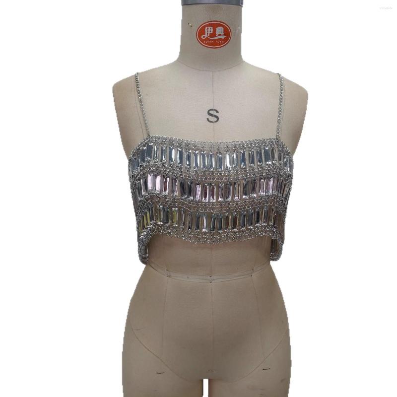 Women's Tanks European And American Cross-Border Vest Acrylic Sequin Multi-Layer Handmade Luxury Top Sexy Bra Chest Chain