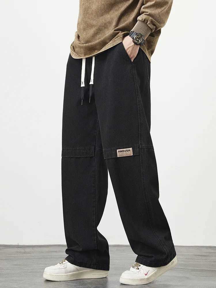 8XL New Retro Blue Mens Jeans Large Size String Banding Wide Leg Denim Pants Cotton Casual Straight Jean Trousers 6XL 7XL D260320