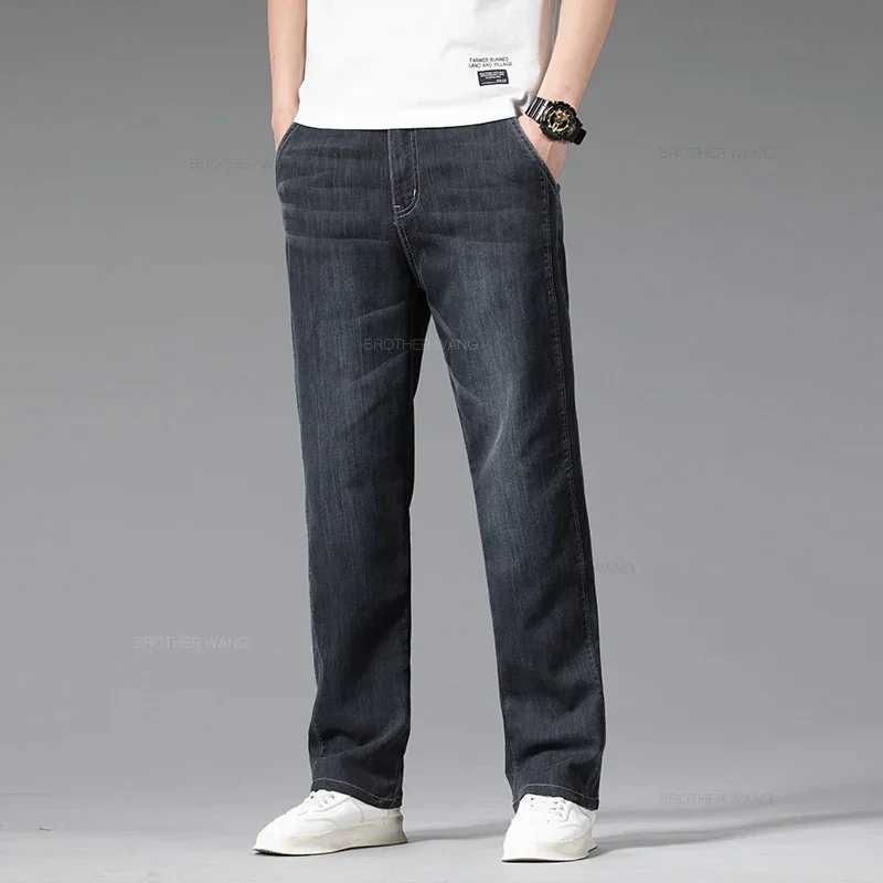 Loose Jeans Mens Summer Thin Elastic Waist Straight Pants Fashion Stretch Cotton Business Casual Denim Trousers Light Blue D260320