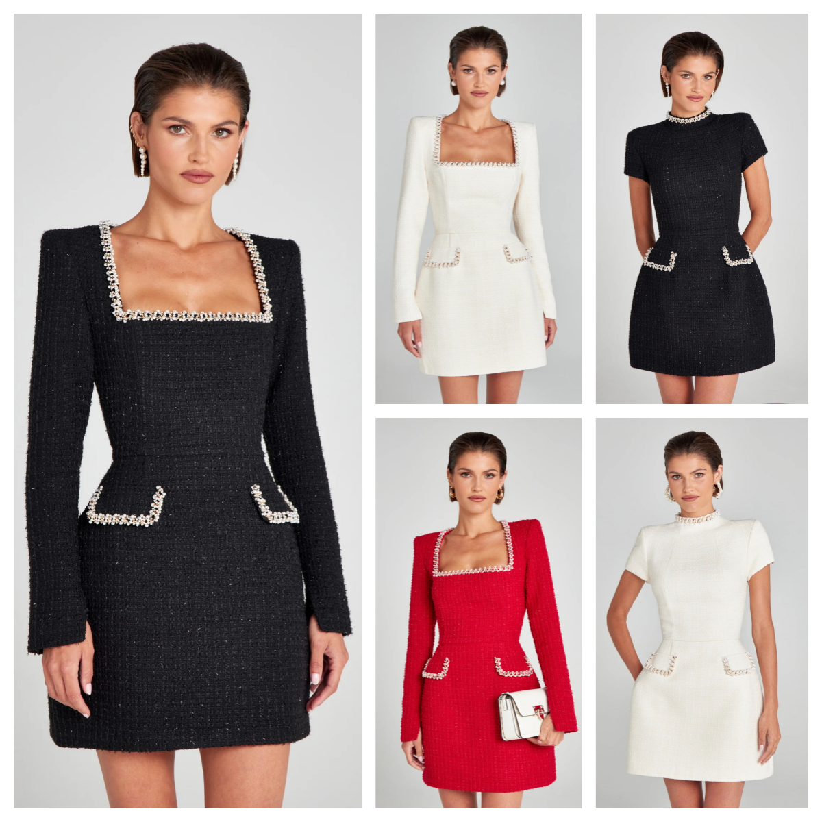 Casual Dresses Talenza Long Sleeve Tweed Dress Women's Elegant Square Neck Luxury Party Evening Gown Retro Slim Patchwork Short Vestido