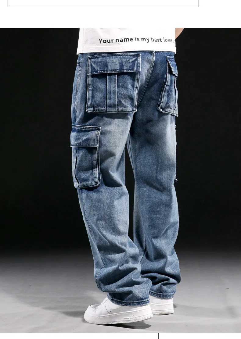 Wide Leg Pant Distressed Cargo Jean Men Jeans Washed Denim Patchwork Solid Full Length Pants Loose Pockets High Street 2025 D260320