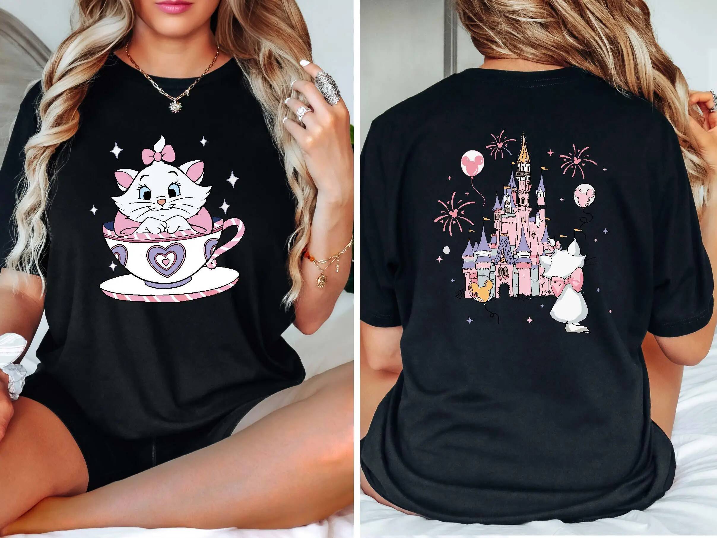 2025 Disney The Aristocats Mary Cat Crazy Teacup Party Shirt Magic Kingdom Family Sports Short Sleeve Women's Casual Fashion Top