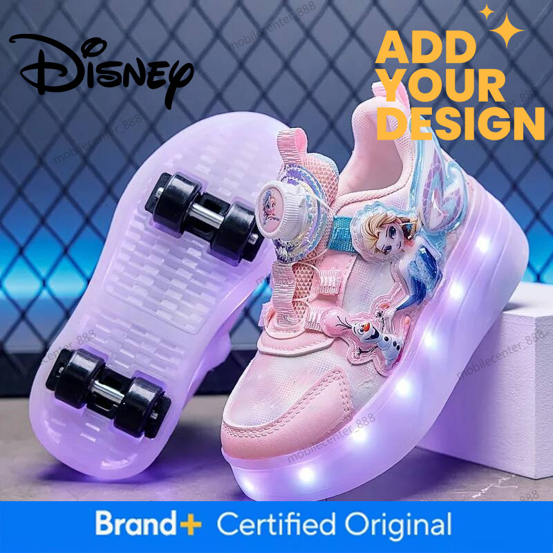 Designer Disney Kids'casual Shoes Roller Skate Shoes Led Light Cartoon Princess PU Leather For Children Blue Pink Shoes Size 28-37 Luxury
