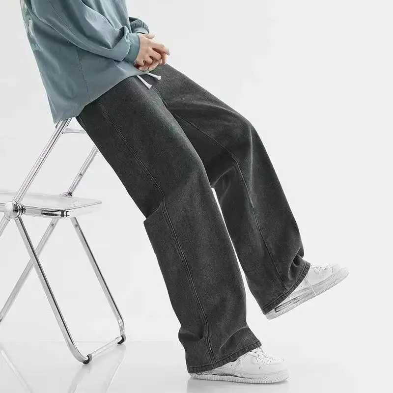 Spring Mens Jeans Baggy Straight Drawstring Elastic Waist Personality Fashion Vintage Denim Pants Streetwear Casual Trousers D2603201