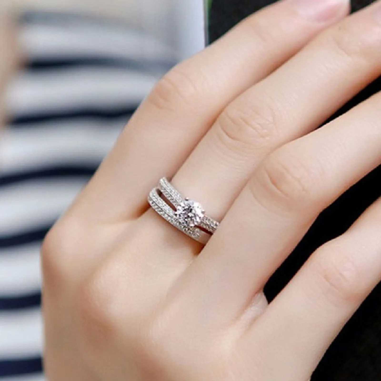 1 pair Vintage Halo 925 Sterling Silver Wedding Ring Set For Women Lady Anniversary Gift Jewelry Bulk Sell H260320 - view 3