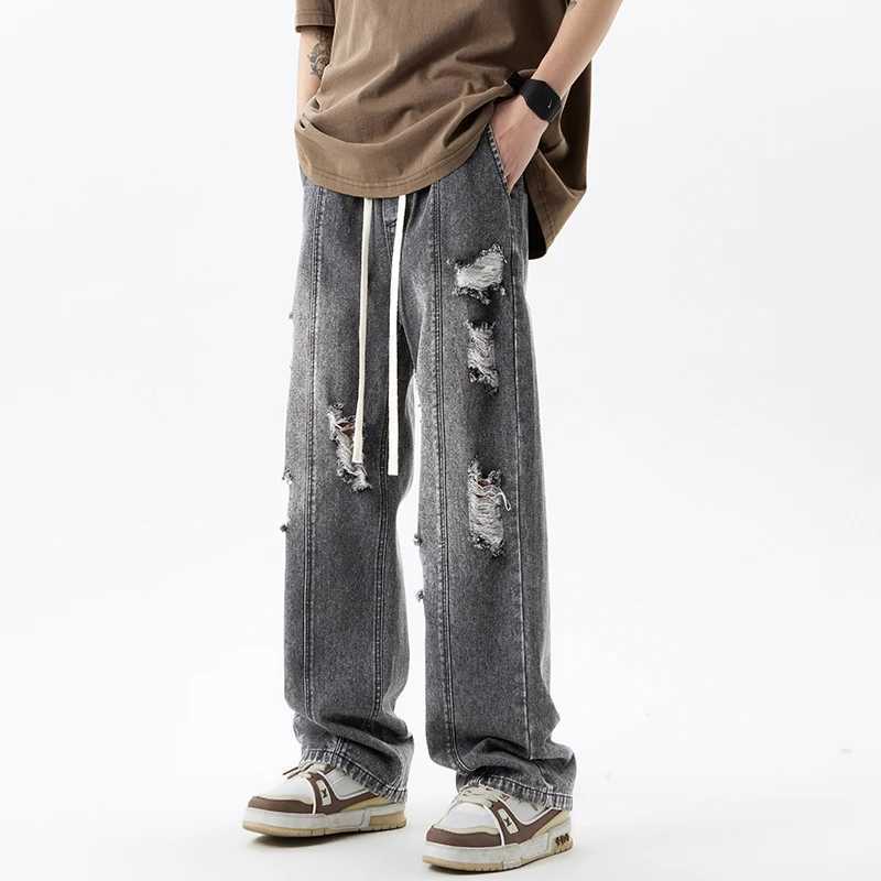 Harajuku Ripped Jeans Mens Streetwear Loose Straight Vintage Y2k Pants Drawstring Casual Hole Personality Denim Trousers D260320