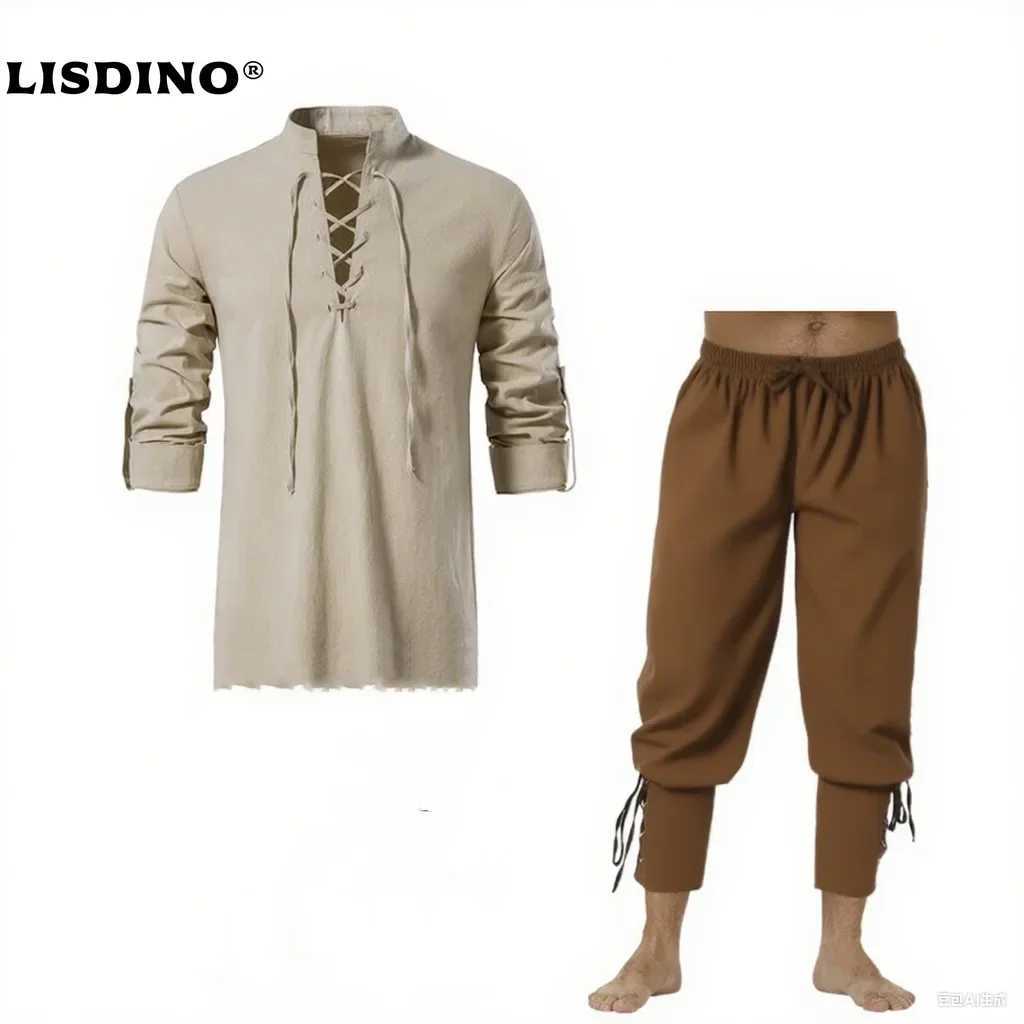 2Pcs Retro Vintage Medieval Renaissance Cosplay Costume Outfits Pirate Viking Halloween Casual Daily LARP Ren Faire Shirt Pants M260320