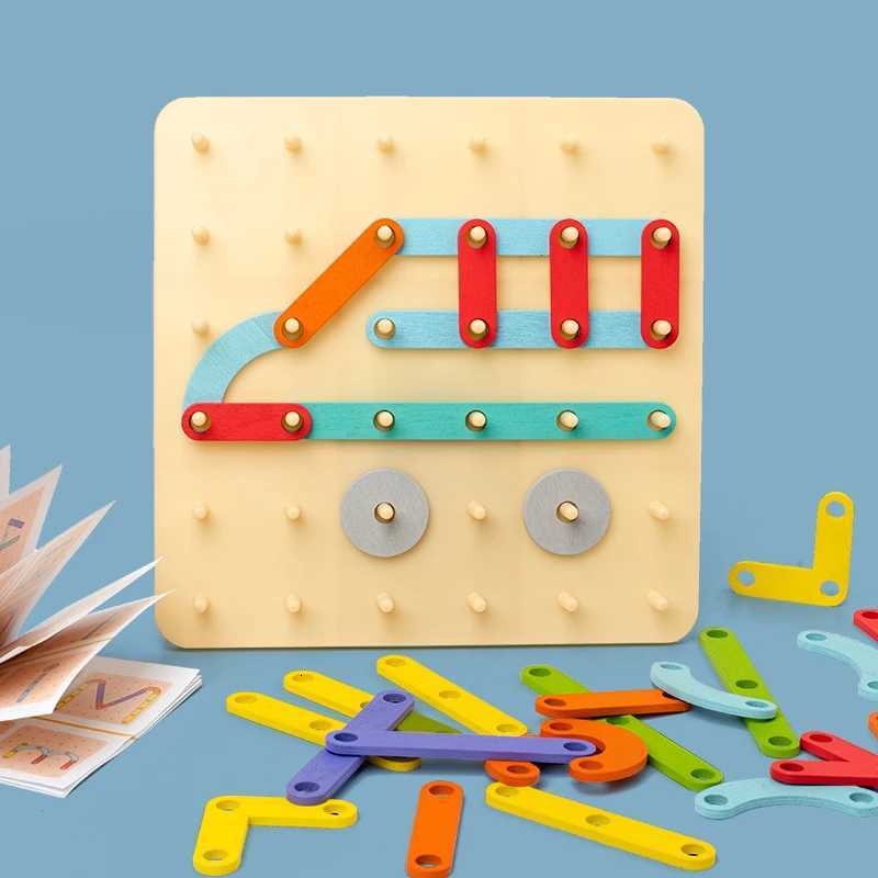 Children Wooden Toys Creative Board Nail Board Geometric Column Set Construction Puzzle Geometric Pegboard Montessori Sensory Y260319