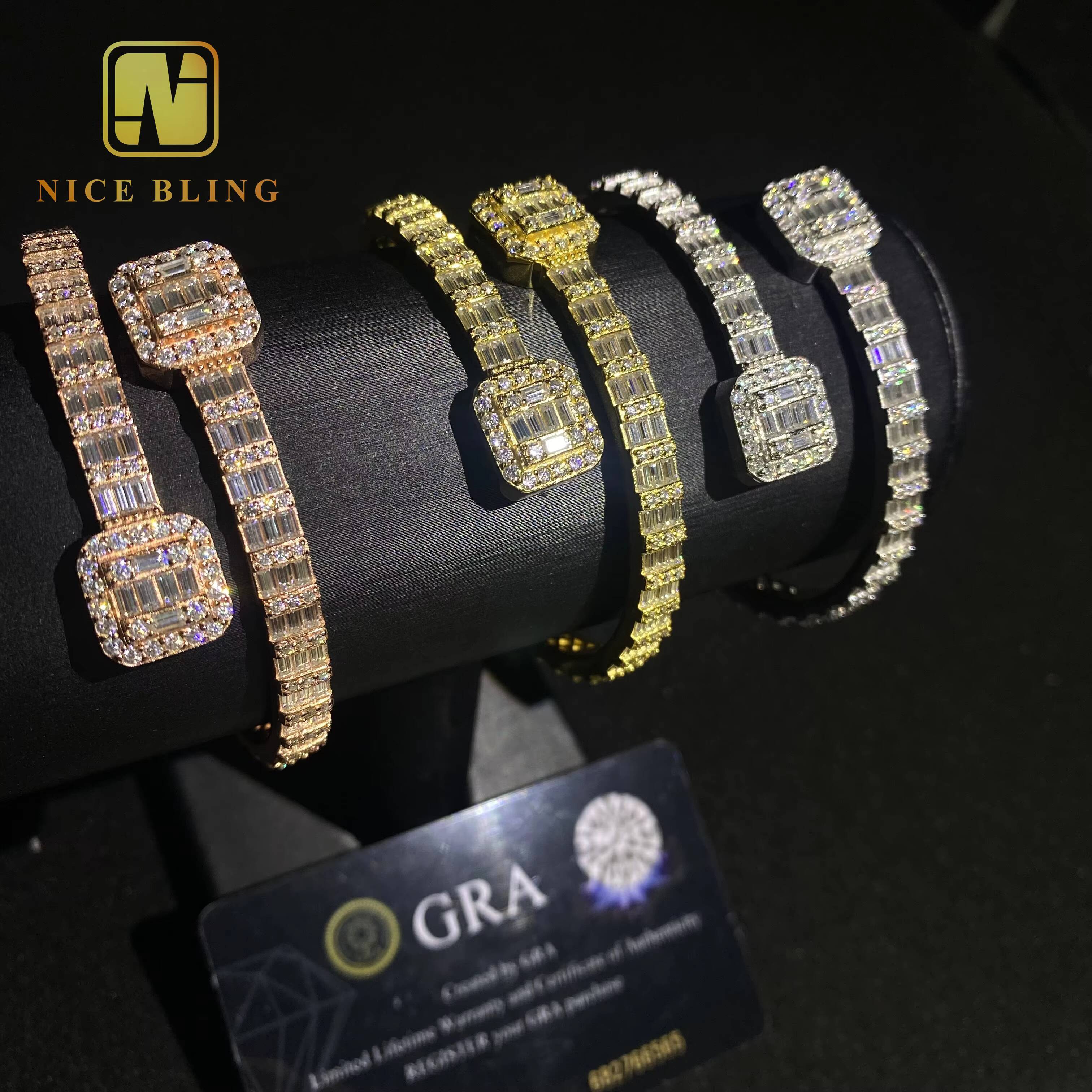 Fashion Iced Out Hip Hop Jewelry Bangle VVS Baguette Moissanite Diamond Cuban Link Chain 925 Sterling Silver Bangle Bracelet