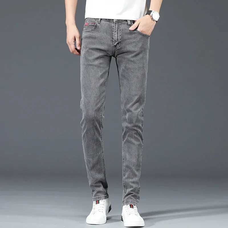 2025 New Mens Cotton Business Casual Skinny Jeans Trendy Fashionable Stretch Straight Slim Denim Trousers Male Blue Grey D260320