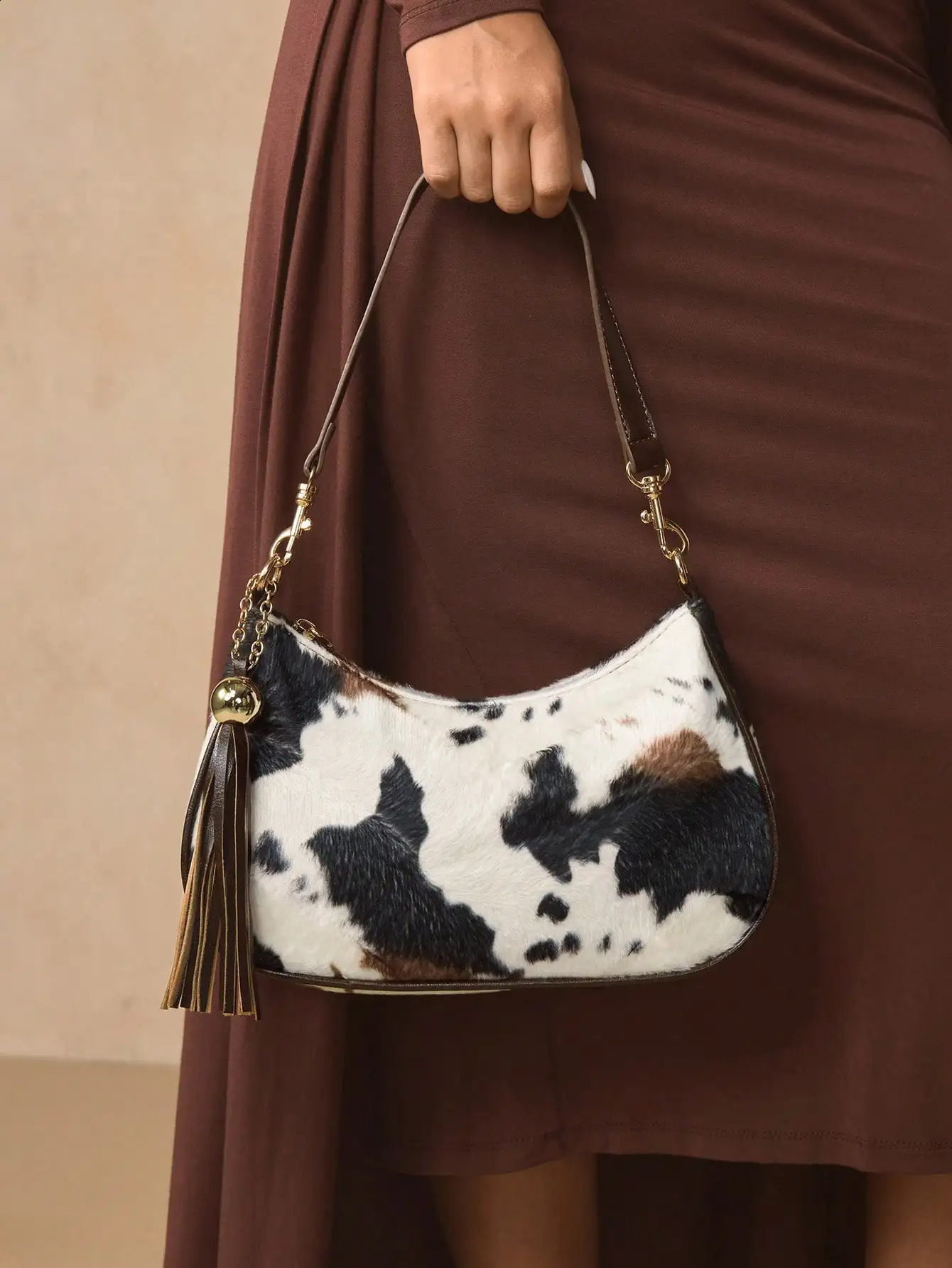 Womens Cow Print Hobo Shoulder Bag with Tassel Pendant Retro Style 260316