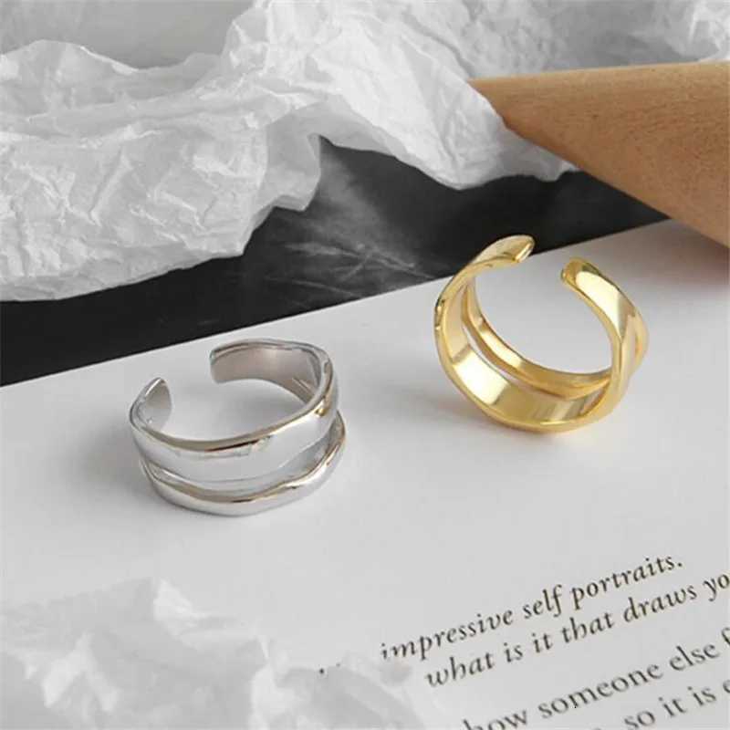 New Fresh Simple Irregular Double-layer Smooth Wave 925 Sterling Silver Jewelry Personality Geometric Opening Rings R253 H260320 - view 5