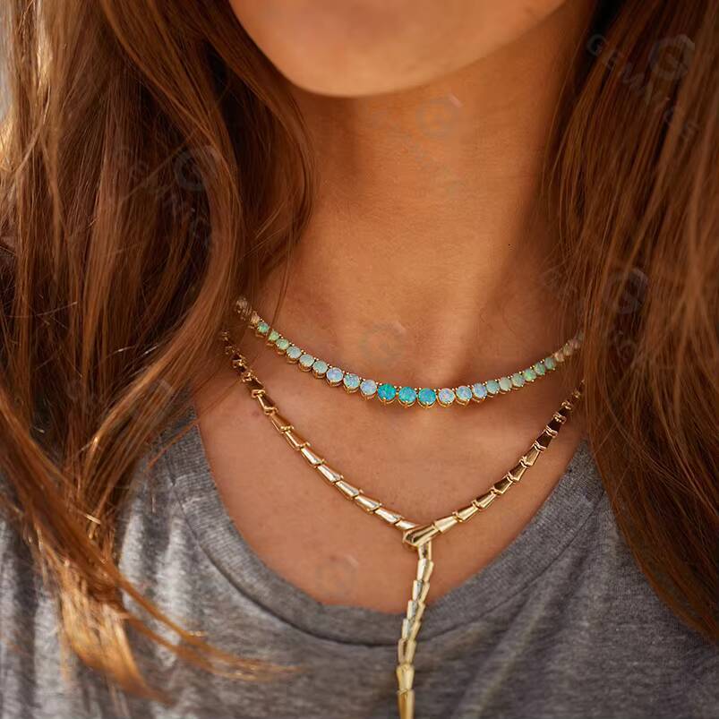 Gemnel Custom Quality Dainty Wholesale 18k Gold Plated Graduated Blue Opal Ombre Tennis Necklace