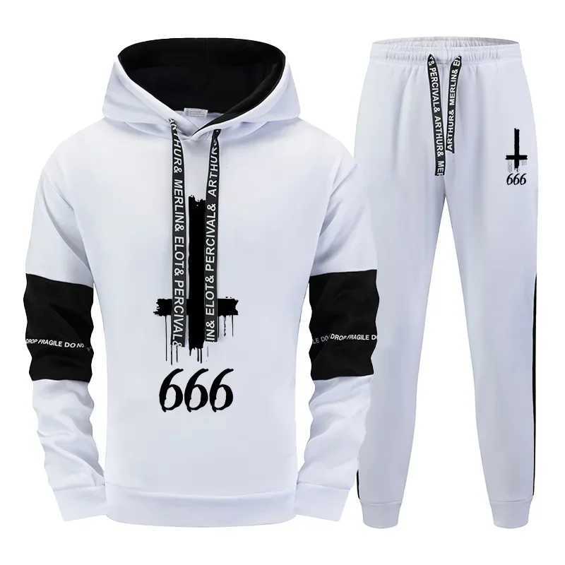 Mens Hooded Sweatshirts Sweatpants Satan Inverted Cross Hoodies Streetwear Male Autumn Winter Daily Casual Sports Jogging Suit M260320