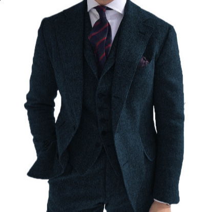 Men's Suits Blazers Wool Tweed Grey Men Suits For Formal Business Groom Wedding Tuxedos Herringbone Style 3 Piece Man Set Jacket Waistcoat with P
