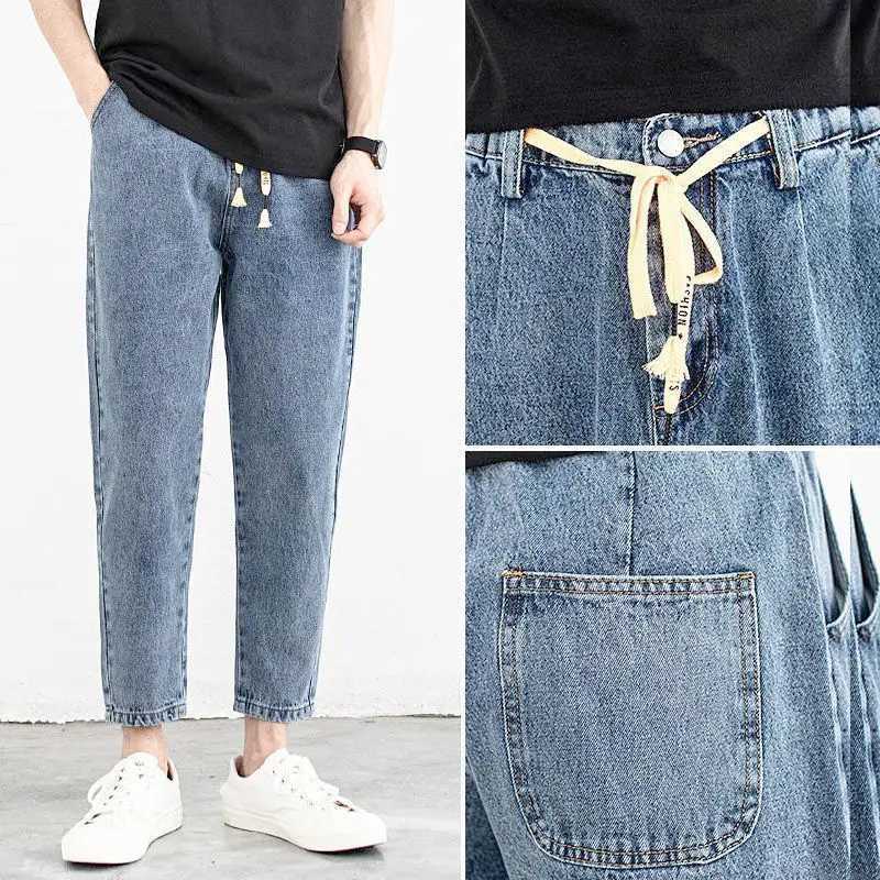 Drawstring Trendy Brand Light-color Elastic Waist Jeans Mens Autumn Loose and Fashion Versatile Tapered Small Feet Harlan Pants D260320