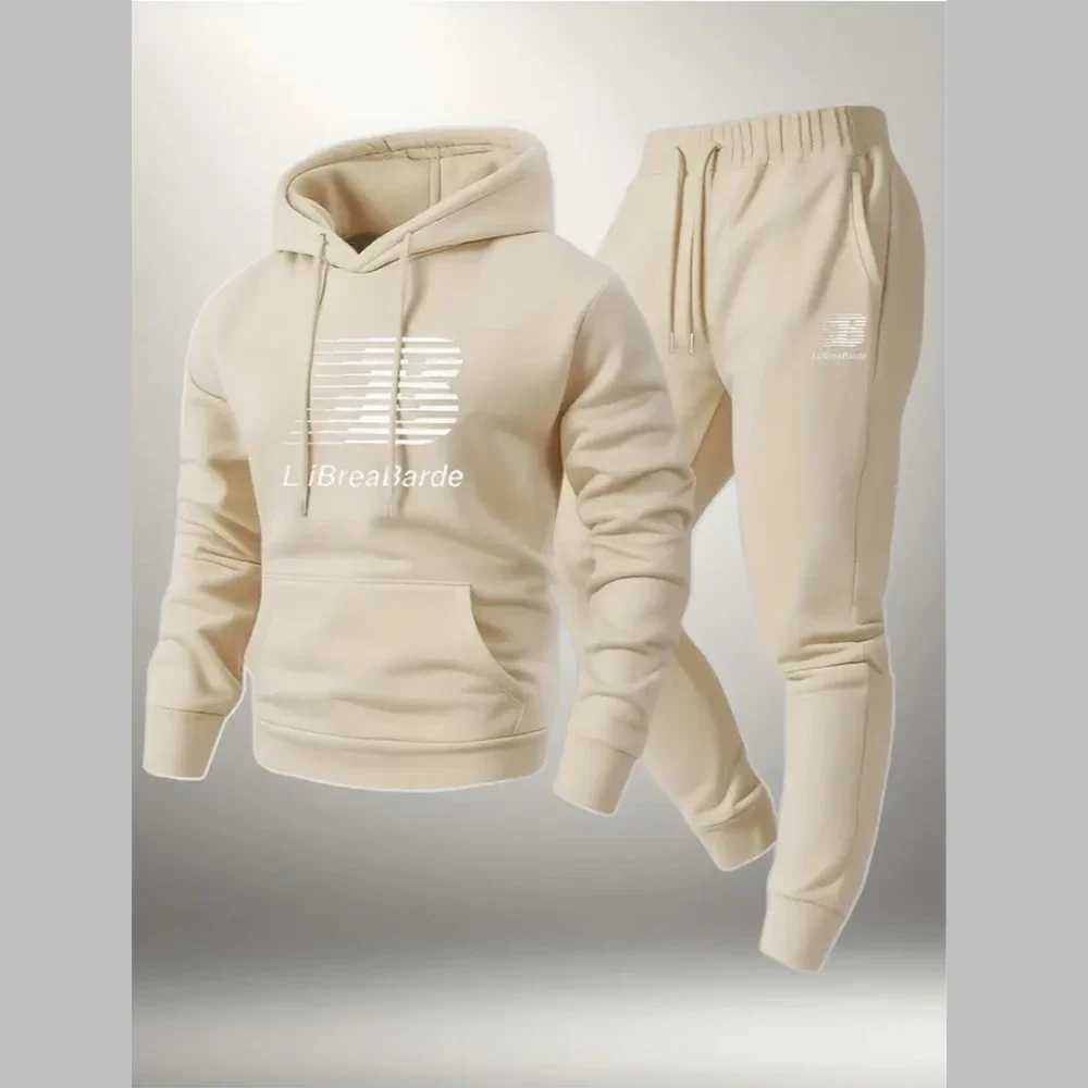 Mens Letter Printed Casual Hooded Sports Set -100 Polyester Fiber Long Sleeved Pullover Paired with Drawstring Running Pants M260320