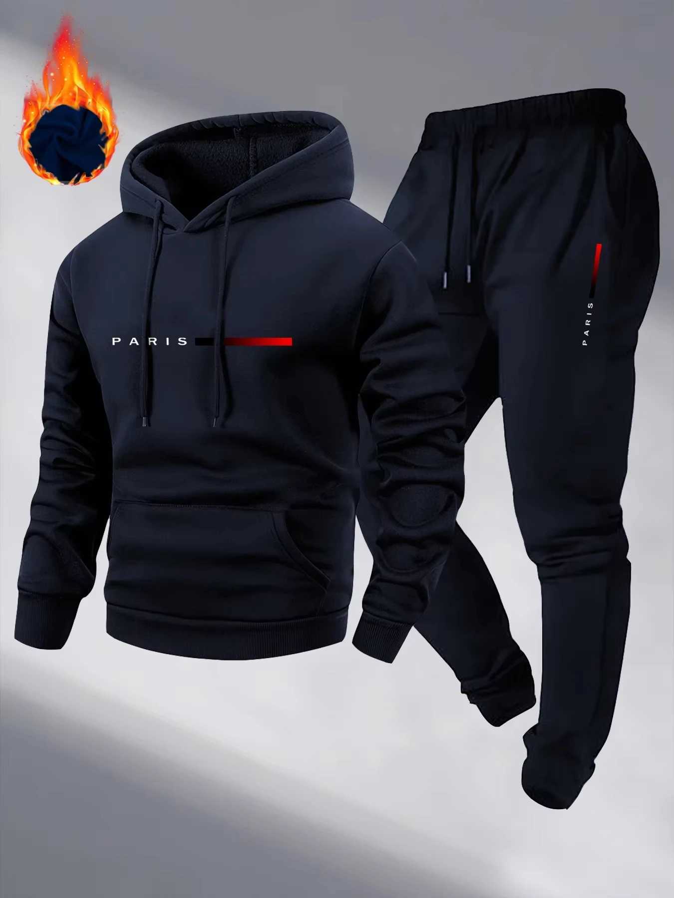 Paris Print Fashion Mens Hooded TraCKsuit 2pcs Set Male Daily Casual Sports Jogging Home Outdoor Hoodie Outftis M260320