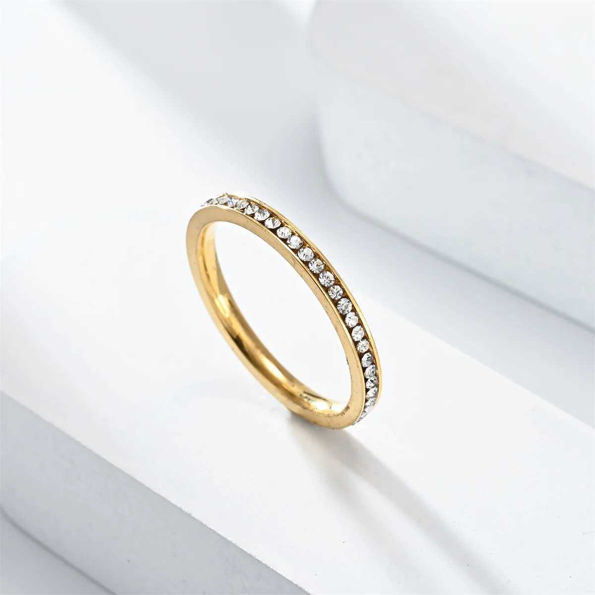 Unisex Luxury 2mm Stainless Steel Cubic Zircon Ring Gold Silver Color Adjustable Statement Band for Men And Women US Size 5-11 H260320 - view 7