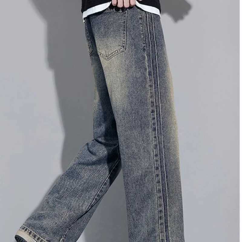 Elastic Loose Straight Jeans Mens Wide Legged Denim Pants Casual Trousers Korean Style Sportswear Clothing Jeans Men Pants D260320