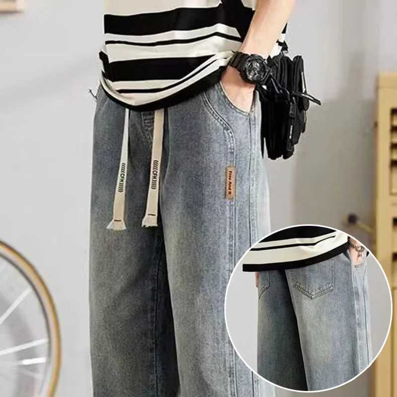 Spring Autumn Hot Sale Mens Stylish Sports Casual Denim Pants Baggy Wide Leg Streetwear Trousers Classic Elastic Waist Jeans D260320