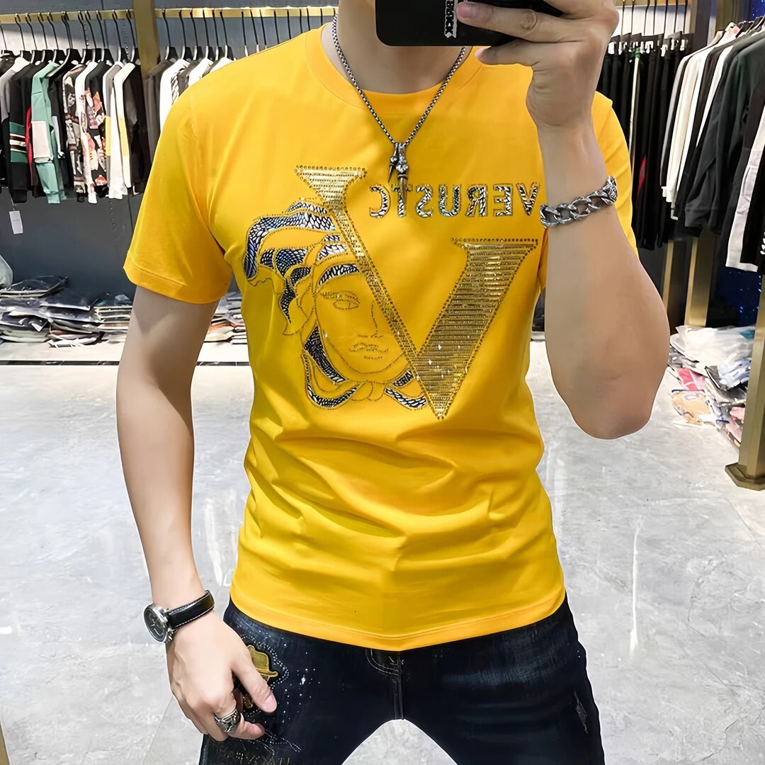 European Style Young Designer T-shirt Polo Men's Short-sleeve With Trendy Beauty Head Rhinestone Embellishment High-end Designer Hoodie Pure Cotton Trendy Top