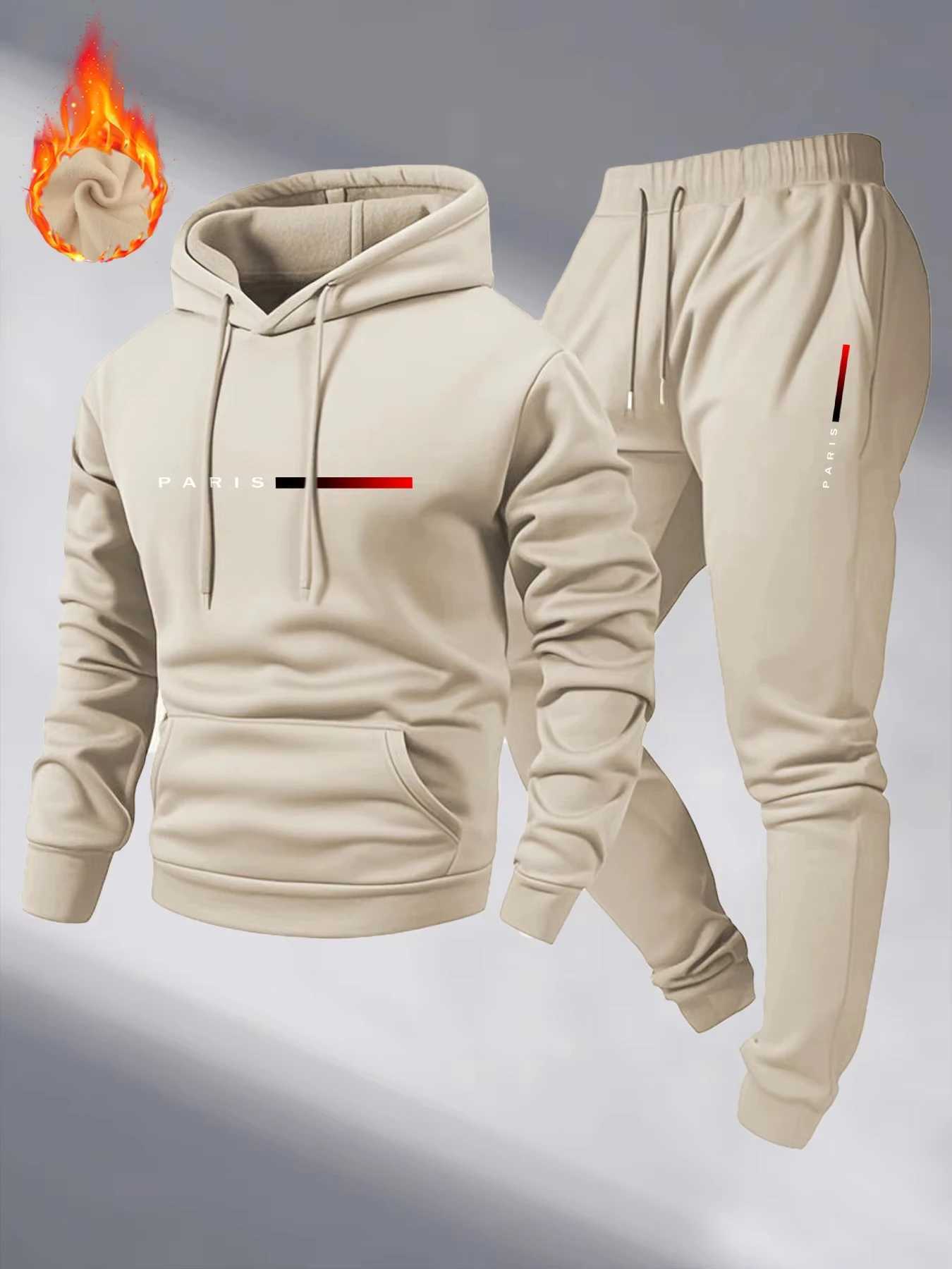Paris Print Fashion Mens Hooded TraCKsuit 2pcs Set Male Daily Casual Sports Jogging Home Outdoor Hoodie Outftis M260320