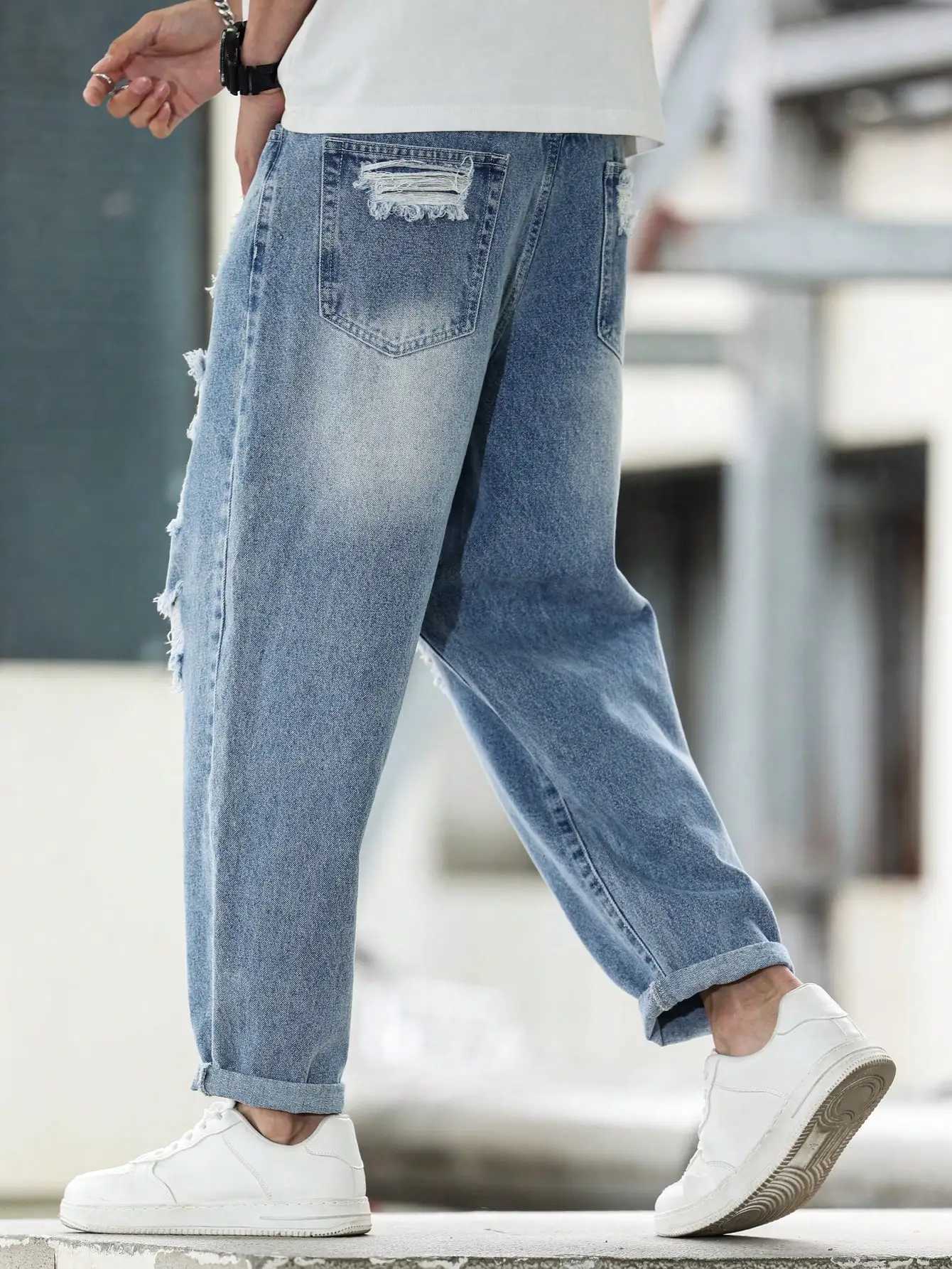 Mens Blue Ripped Denim Harem Pants for Spring and Autumn Street Fashion Casual Trend D260320